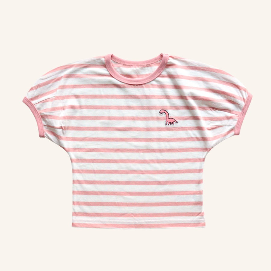 캐리마켓 -  [꼬까참새] [반팔] 스트라이프다이노 핑크 퍼프 티셔츠
