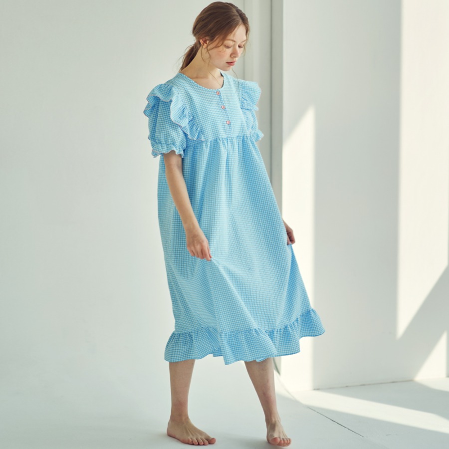 캐리마켓 -  [이루시다] 블루 체크 프릴 러블리 원피스 여성 잠옷