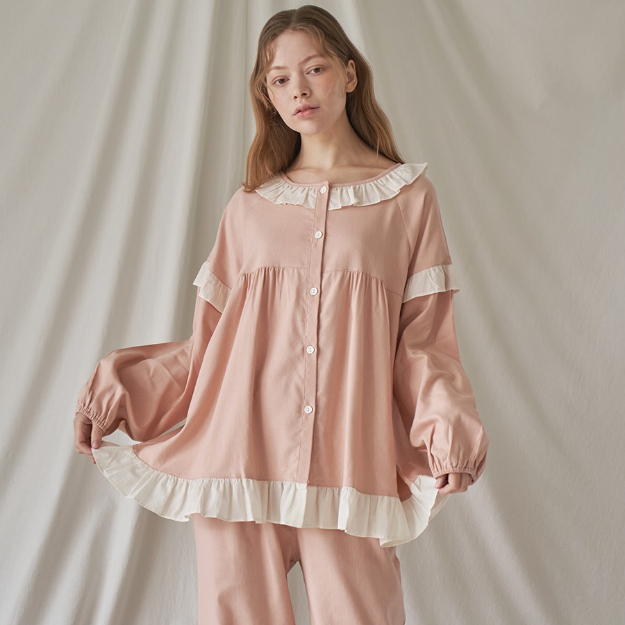 캐리마켓 -  [이루시다] 핑크베이지 아멜리아 러블리 긴팔 세트 여성 잠옷
