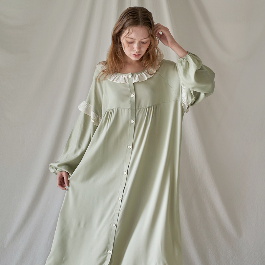 캐리마켓 -  [이루시다] 모달 민트 프릴 긴팔 원피스 여성 잠옷