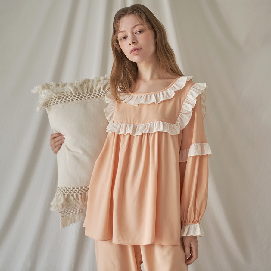 캐리마켓 -  [이루시다] 모달 오렌지 프릴 긴팔 세 여성 잠옷