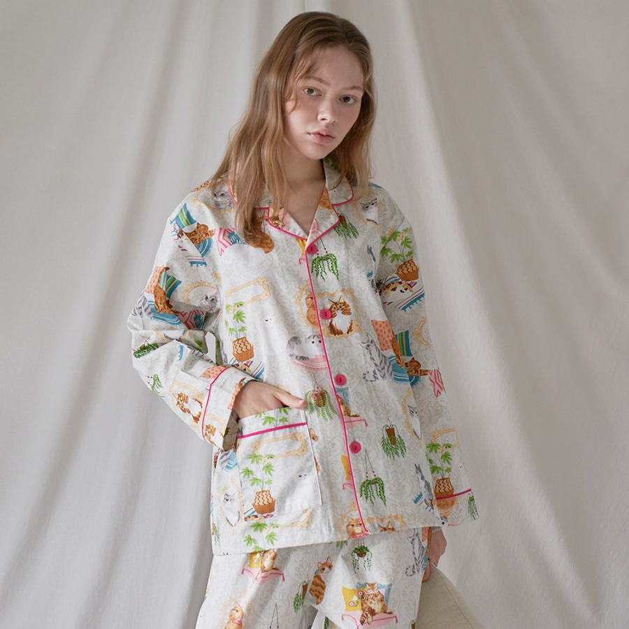 캐리마켓 -  [이루시다] 순면 빈티지캣츠 패턴 긴팔 세트 여성 잠옷