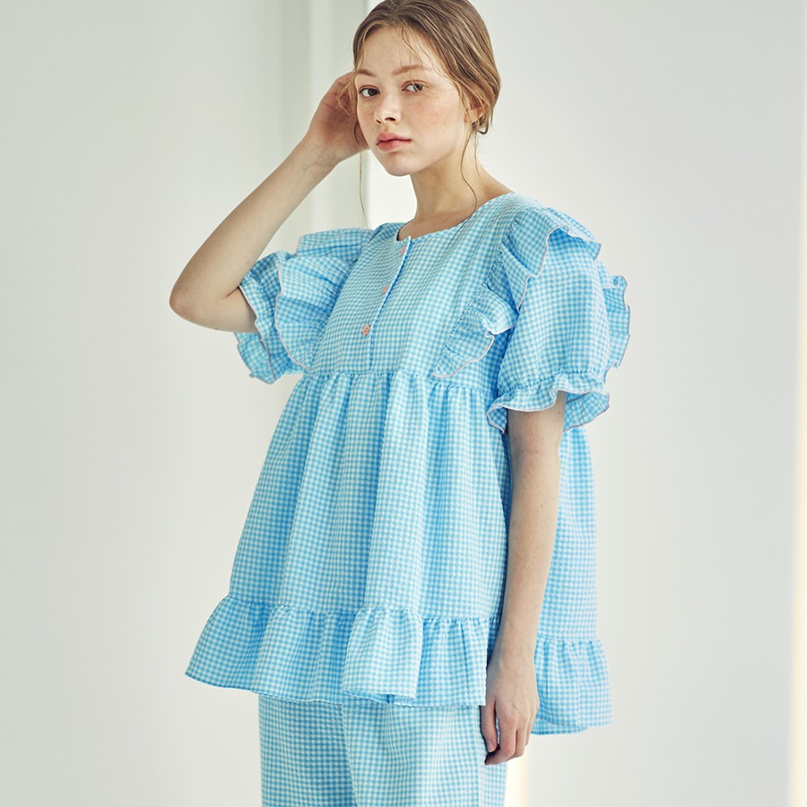 캐리마켓 -  [이루시다] 블루 체크 프릴 러블리 세트 여성 잠옷