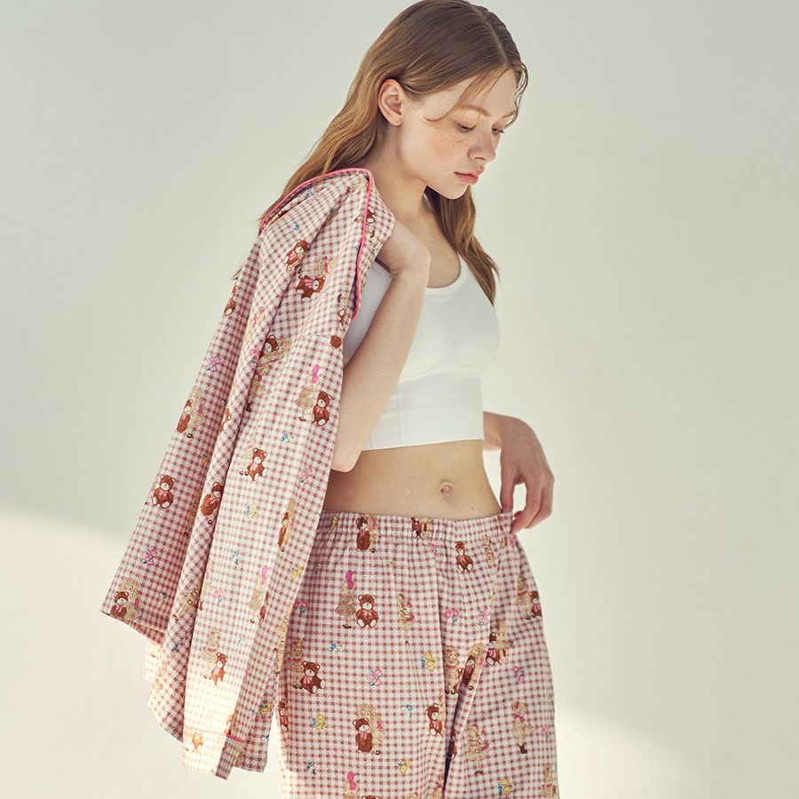 캐리마켓 -  [이루시다] 순면 베어프랜즈 패턴 긴팔 세트 여성 잠옷