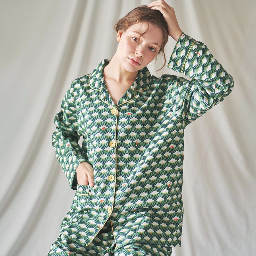 캐리마켓 -  [이루시다] 모달 폭스큐브 패턴 긴팔 세트 여성 커플 잠옷