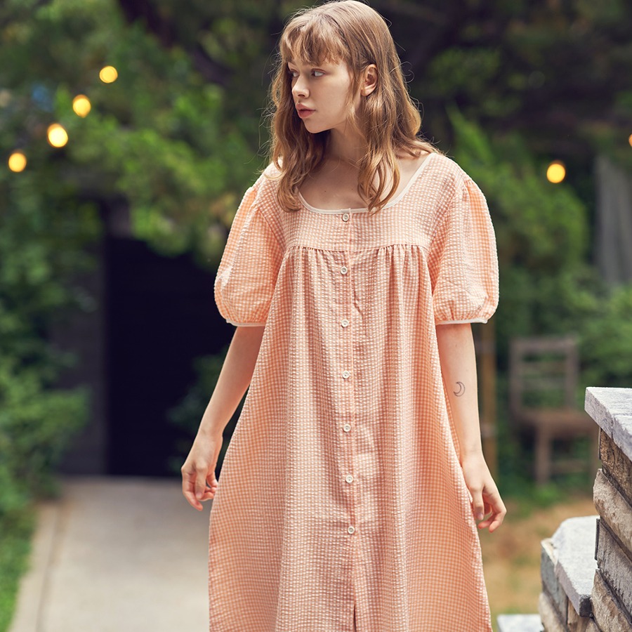캐리마켓 -  [이루시다] 살구 체크 러블리 원피스 반팔 여성 잠옷